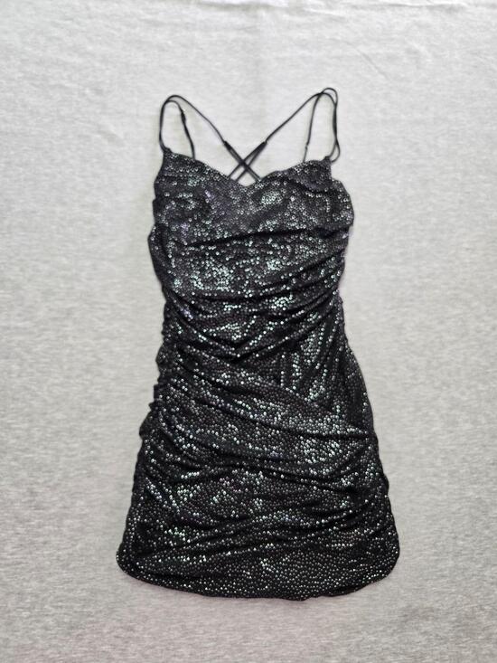 LUCY IN THE SKY Dresses & Skirts - Lucy In The Sky Dress Womens Medium Black Glitter Polka Dot Ruched Bodycon Slip